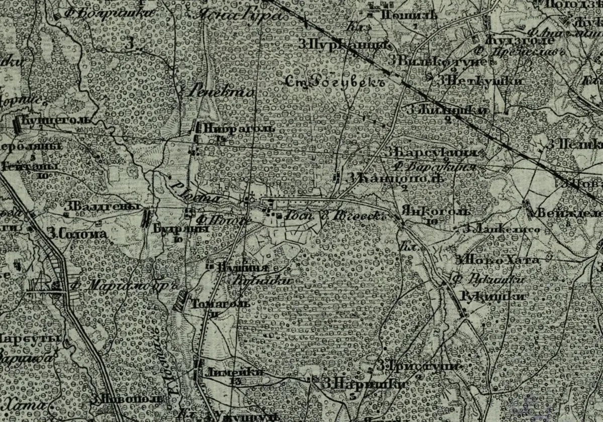 Senas žalsvas Rusijos imperijos topografinis žemėlapis su Raguvėlės dvaru (Госп. Роговекъ)